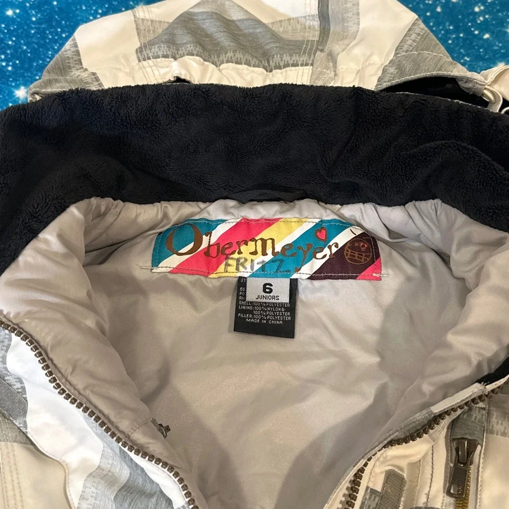 Obermeyer Kids Grey White Striped Insulated Ski Jacket Size 6 Juniors Hooded